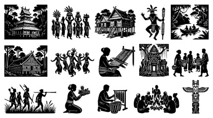 Obraz premium Black and White Tribal Culture and Traditions Vector Icons