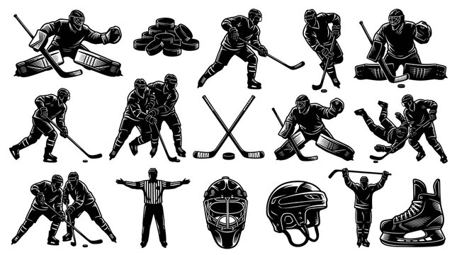 Black and White Hockey Icon Set: Players, Goalie, Ref, Gear, Action