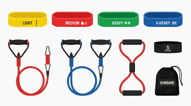 Resistance Band Equipment Overview: A comprehensive array of colorful resistance bands and exercise accessories are displayed.