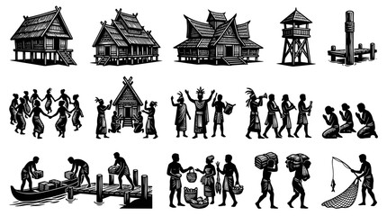 Fototapeta premium Traditional Village Life Black White Vector - Indigenous Culture Icons