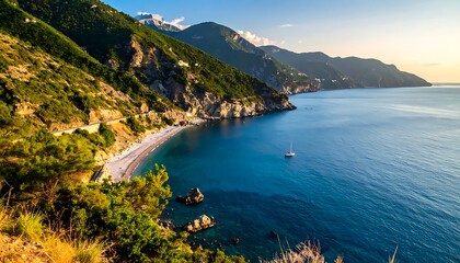 Obraz premium Serene ocean bay with mountainous coastline.