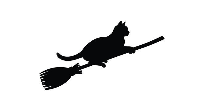 Cat riding a broomstick black silhouette high quality