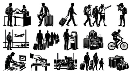 Fototapeta premium Black and White Vector Art of Travel and Airport Scenes with Luggage and People