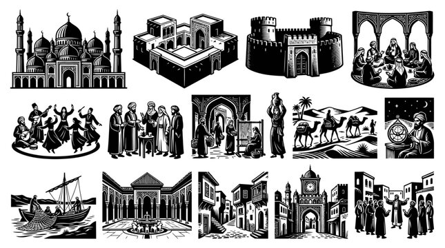Middle Eastern Islamic Culture  History Black  White Line Art Illustrations. Arabian Architecture  People.