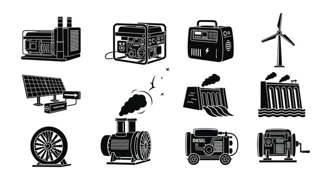 Power generation sources silhouette collection on a white background