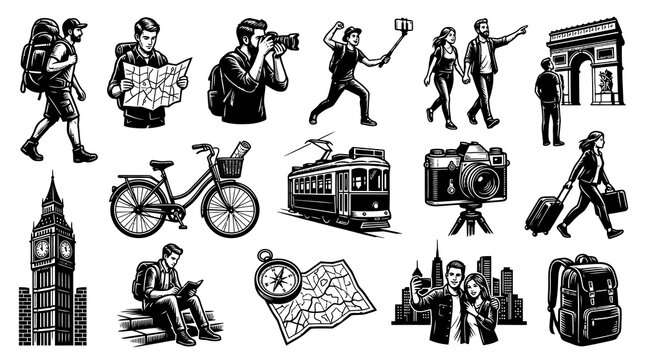 Black and White Line Art Travel Icons: Backpackers, Cameras, Landmarks, Transportation