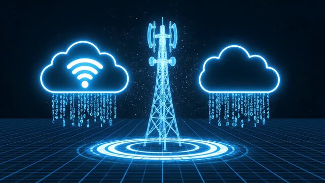 Telecommunication tower and cloud data transfer with glowing neon icons on dark grid