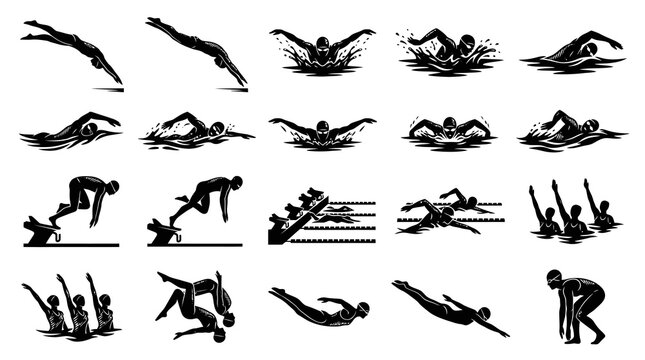 Swimming Sports Vector Silhouette Icons - Divers, Swimmers, and Synchronized Athletes Glyph Collection