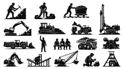 Naklejka premium Black and White Mining Industry Glyph Icons - Heavy Machinery and Workers