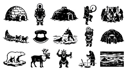 Obraz premium Traditional Arctic Culture Black White Line Art Icons Set: Inuit Eskimo Life, Animals, and Dwellings