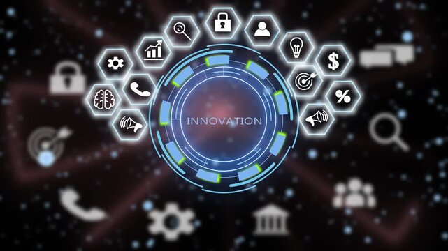 Digital innovation concept with futuristic hud interface featuring business and data analytics for corporate technology presentations and modern software development
