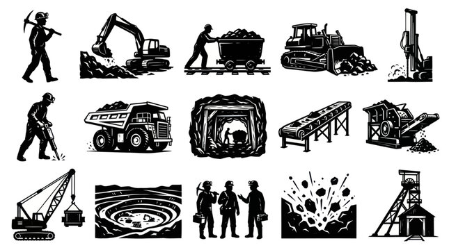 Mining Industry Black  White Silhouette Vector Icons Set: Miners, Heavy Equipment  Operations