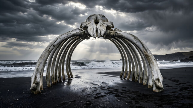Majestic whale skeleton arching over a black sand beach under a dramatic stormy sky with sunbeams filtering through the dark clouds.