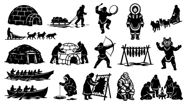 Arctic Life: Black and White Line Art Icons of Igloos, Sleds, and People