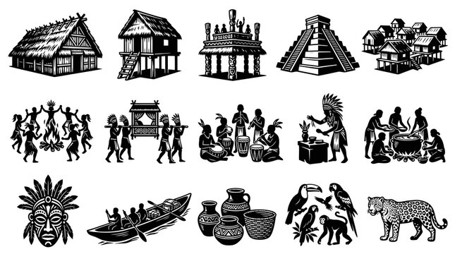 Indigenous African Tribal Village Life and Wildlife Black and White Vector Icons