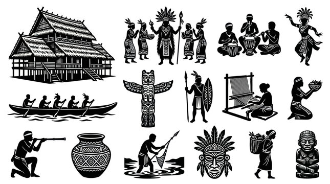 Tribal Village Icons: Indigenous Culture, Art, and Lifestyle Vector Graphics