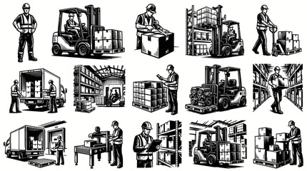 Obraz premium Monochrome Line Art: Warehouse Logistics Operations, Forklifts, Workers, and Delivery in Supply Chain