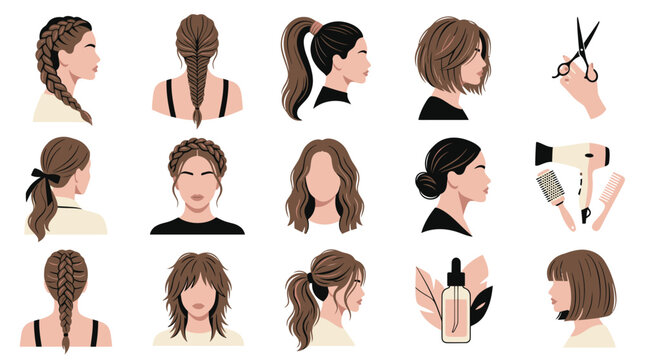 Flat Vector Illustration of Woman Hairstyles and Hairdresser Tools