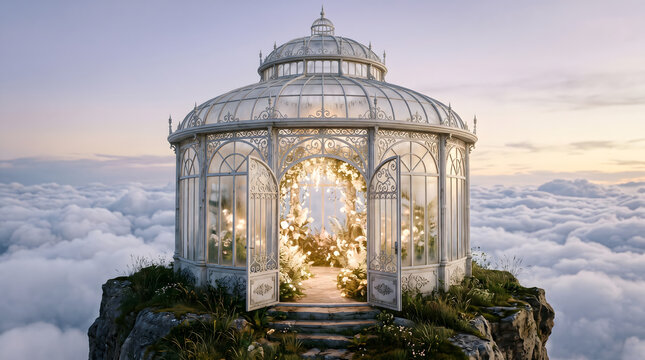 Elegant white ornate glass gazebo perched on a rocky mountain cliff edge overlooking a dense blanket of clouds at golden sunset.