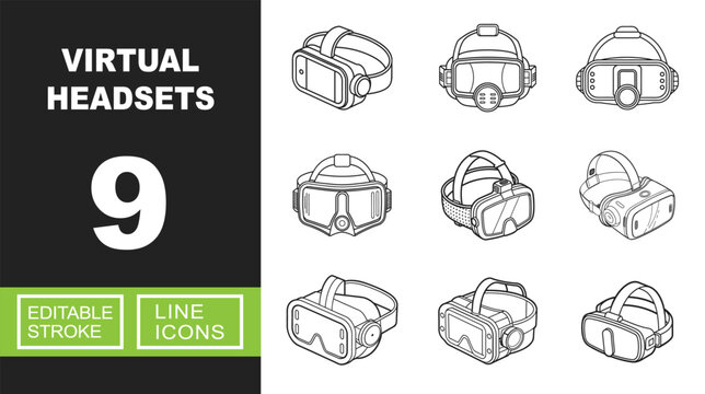 Virtual Headsets line icon set. Vector pictograms of goggles, mask, device, eyewear, visor, headset, viewer, display, gadget. Editable stroke.