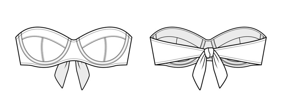 Bandeau Tie Bikini Top Technical Fashion Illustration. Women Swimwear Vector Template. Front and Back View. Strapless Design. Front Tie Detail. Minimal Beachwear. CAD Mockup Set.