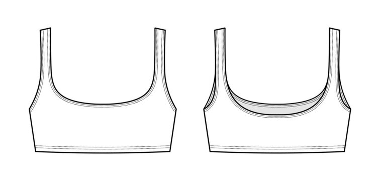 Basic Crop Tank Bra Top Technical Fashion Illustration. Women Bralette Vector Template. Front and Back View. Scoop Neckline. Minimal Sleeveless Design. Everyday Wear. CAD Mockup Set.