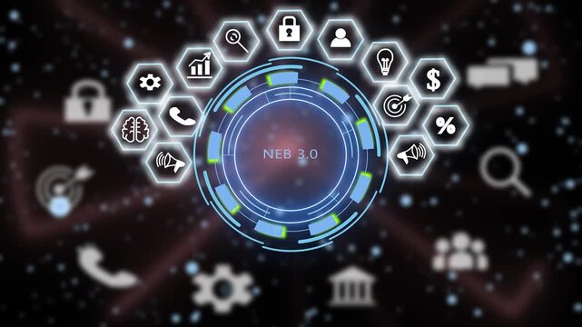 Futuristic neb 3.0 digital interface with animated hexagonal business and glowing data network hud for advanced corporate technology and global connectivity concepts