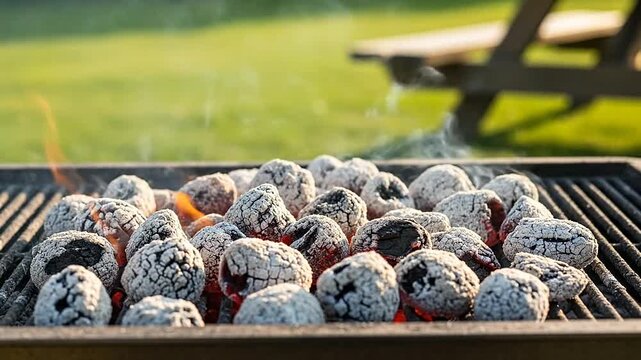 Hot glowing charcoal briquettes burning on a metal outdoor grill grate