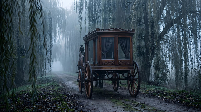 Vintage wooden horse-drawn carriage on a misty dirt path through an eerie forest of weeping willow trees in a cinematic atmosphere.