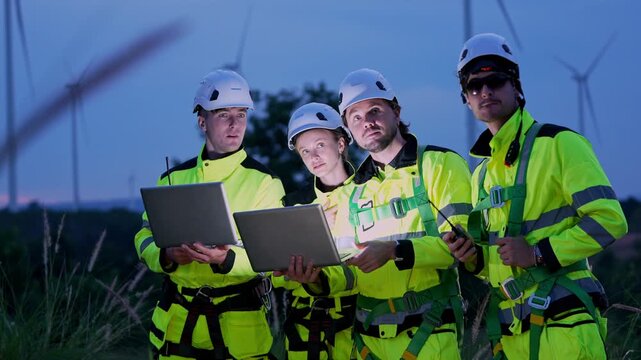 Renewable energy team collaborating at wind farm site technical review evening setting professional perspective
