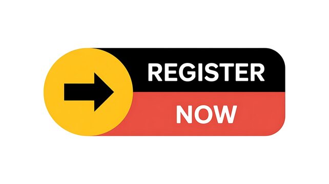 Call to action button, register now, yellow circle arrow, black and red CTA