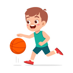 Fototapeta premium Happy young boy dribbling a basketball on white background cartoon illustration with energetic mood and cheerful smile