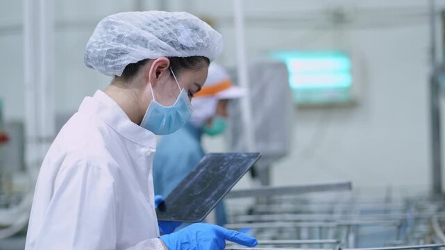 Quality control inspection by staff in manufacturing facility industry process cleanroom close-up safety protocols