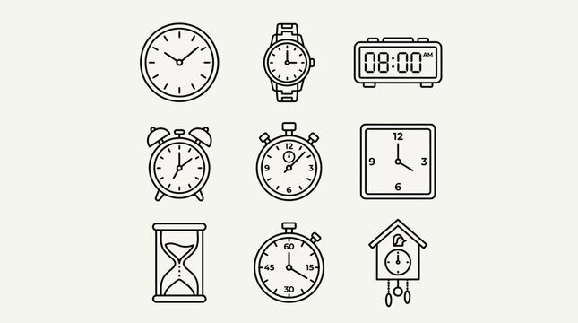 Collection of diverse clock icons: analog, digital, alarm, stopwatch, hourglass, cuckoo clock