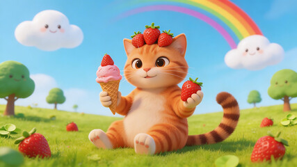 Naklejka premium Cute cat with ice cream and strawberries for outdoor lifestyle brands and nature documentaries