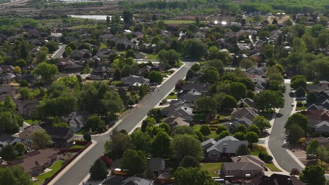 Aerial of residential street in Grand Junction Colorado in Redlands neighborhood in spring