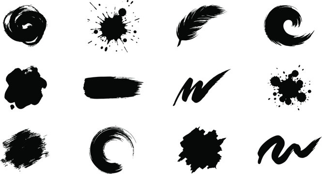 Set of artistic brush strokes and ink splatters with grunge textures for decorative background and creative graphic design art.