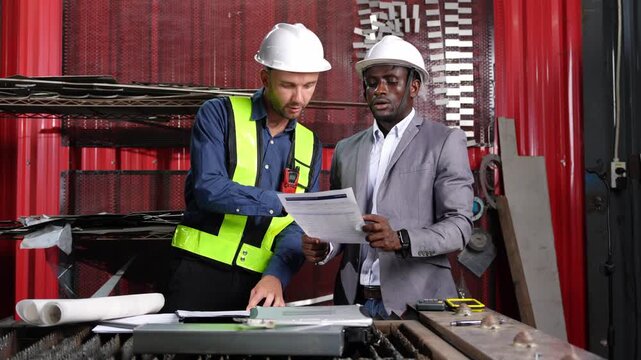 Construction project collaboration between engineers in industrial setting urban environment professional interaction