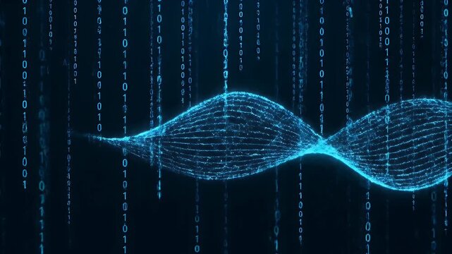 Digital binary code wave on dark background with falling matrix data stream patterns