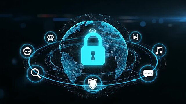 Cyber security and data protection concept with a glowing padlock on a digital globe