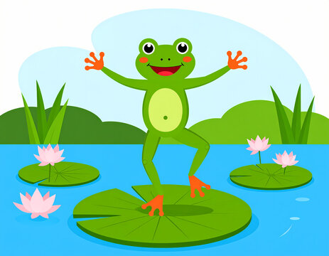 Cartoon frog dancing on lily pad in pond.