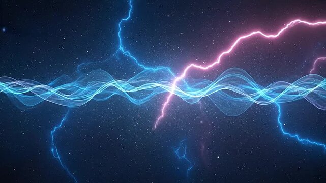 Abstract background featuring glowing energy waves and bright electrical lightning bolts