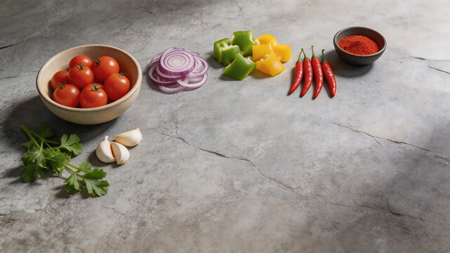 Fresh vegetables and spices on stone surface perfect for cooking tutorials and recipe showcases