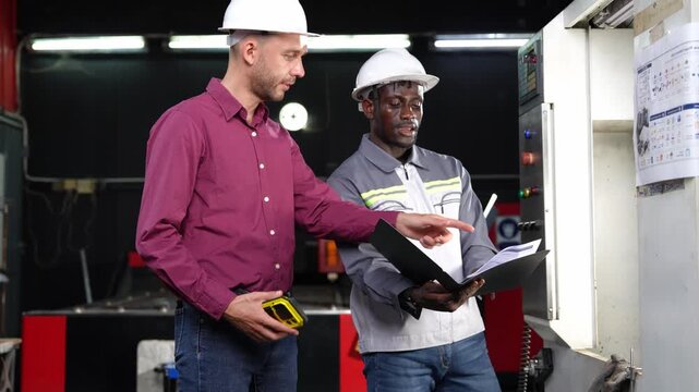Collaboration in the workplace engineers discuss project plans manufacturing facility training session indoor engaging concept