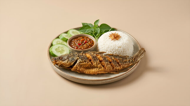 Traditional pecel lele isolated on neutral background with authentic Indonesian food styling. Ideal for menus, culinary branding, and advertising.