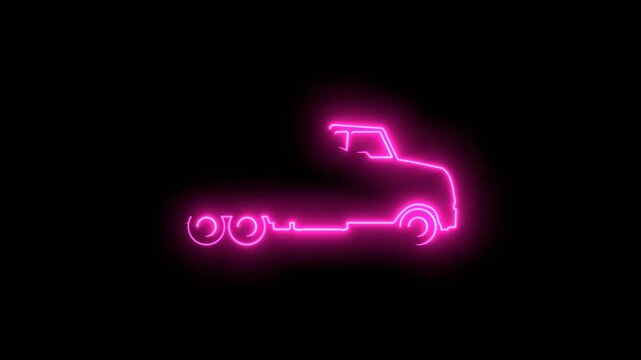Flatbed truck icon. Commercial vehicle for cargo transportation. Side view of delivery transport. Logistic trucking sign. Neon glowing.