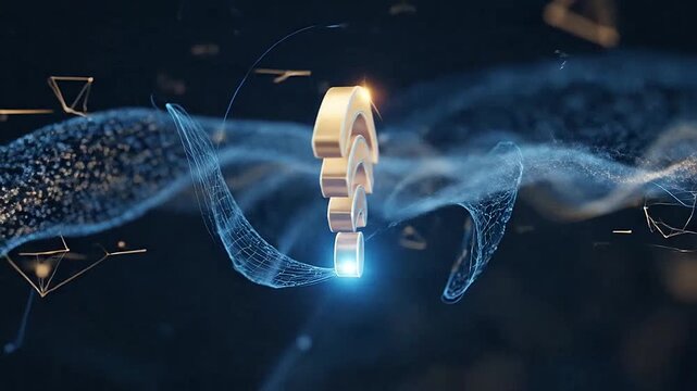 A glowing golden wireless signal icon floating above a digital data wave background