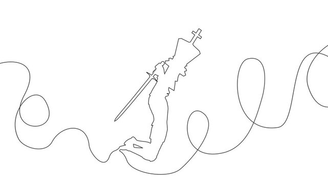 Medieval knight male warrior holding sword . Hero wearing armor. Knight silhouette with chess king head. Mascot and game element. Protection and security.