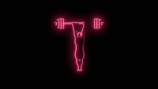 Bodybuilder with barbell silhouette posing. Neon glowing. A muscular bodybuilder lifting a heavy barbell.