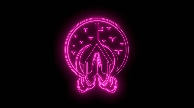 Christian cross with clasped hands and prayed for blessings from God. Prayer hands show faith and religion. Superstition and high power. Neon glowing.